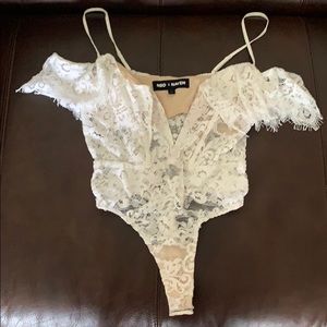 White Off the Shoulder NBD x Naven Lace Bodysuit